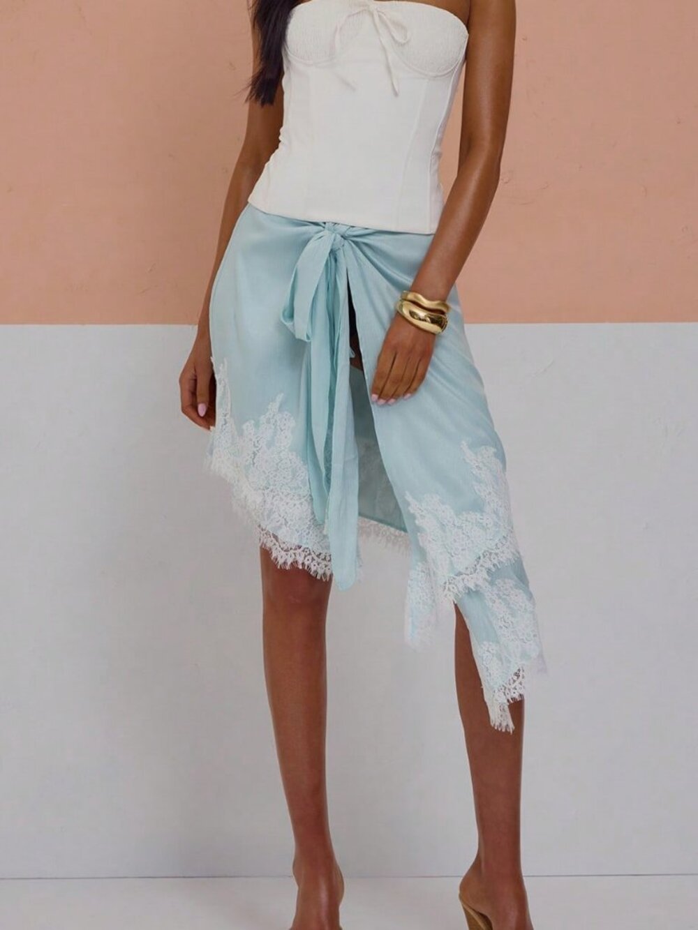 Blue Elegant Women's Lace Trim Tie Asymmetrical Wrap Satin Skirt